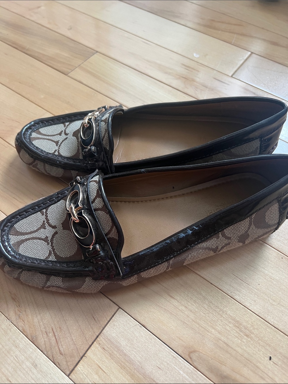 Coach Beige and Brown Signature Canvas Loafers with Gold Hardware - Picture 3 of 7